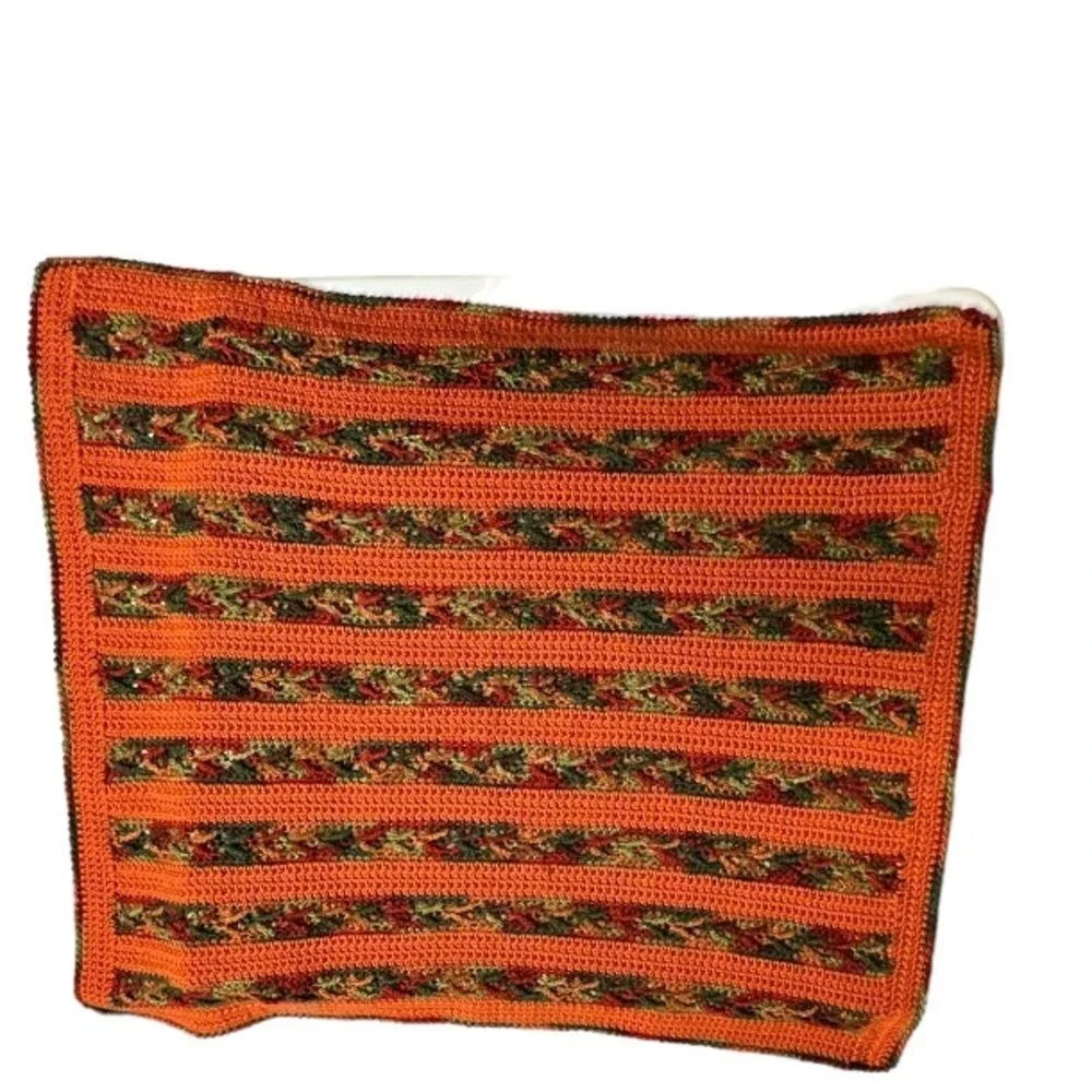 Groovy 70s Vintage Crocheted Crochet Brown‎ Orange Vintage Blanket Small Afghan
